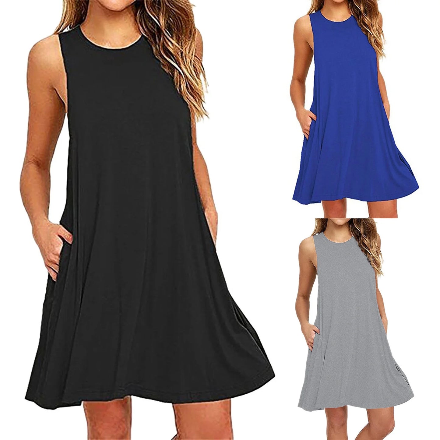 Dresses for Women Sawvnm Fashion Women Summer Solid Casual Round-Neck Short Sleeve Mini Dress Summer Party Beach Dress on Clearance