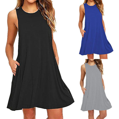 Dresses for Women Sawvnm Fashion Women Summer Solid Casual Round-Neck Short Sleeve Mini Dress Summer Party Beach Dress on Clearance